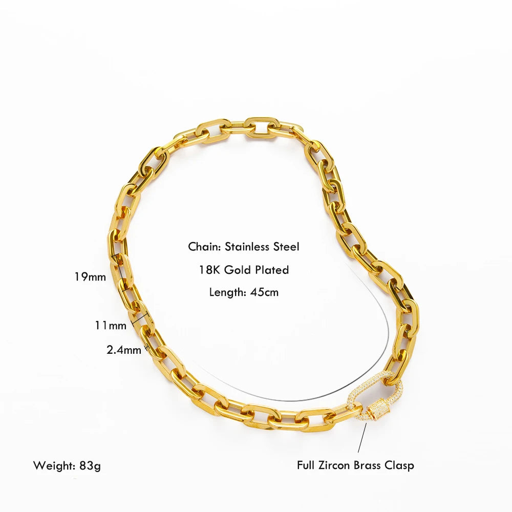 YF5245 Wholesale High Polishing 18K Gold Plated Stainless Steel Chunky Paperclip Chain Zircon Carabiner Clasp Necklace for Women