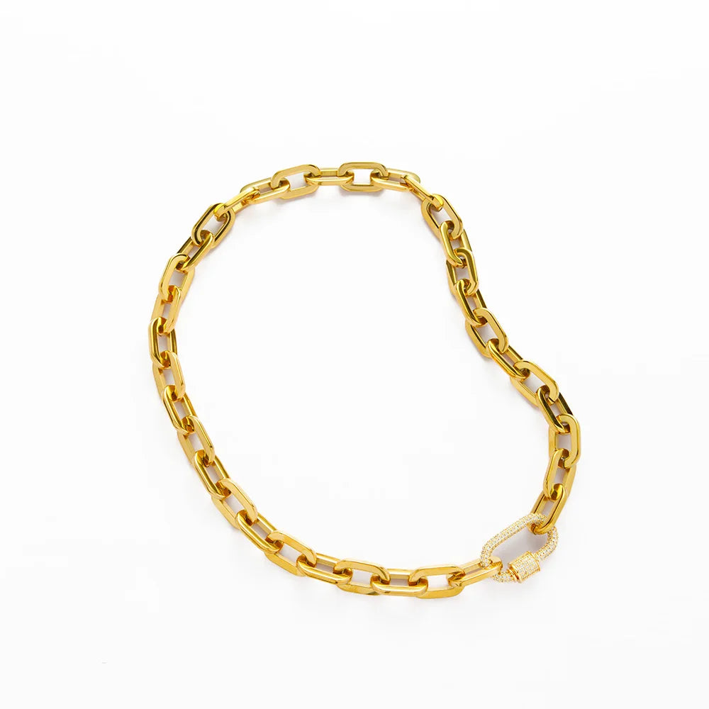 YF5245 Wholesale High Polishing 18K Gold Plated Stainless Steel Chunky Paperclip Chain Zircon Carabiner Clasp Necklace for Women