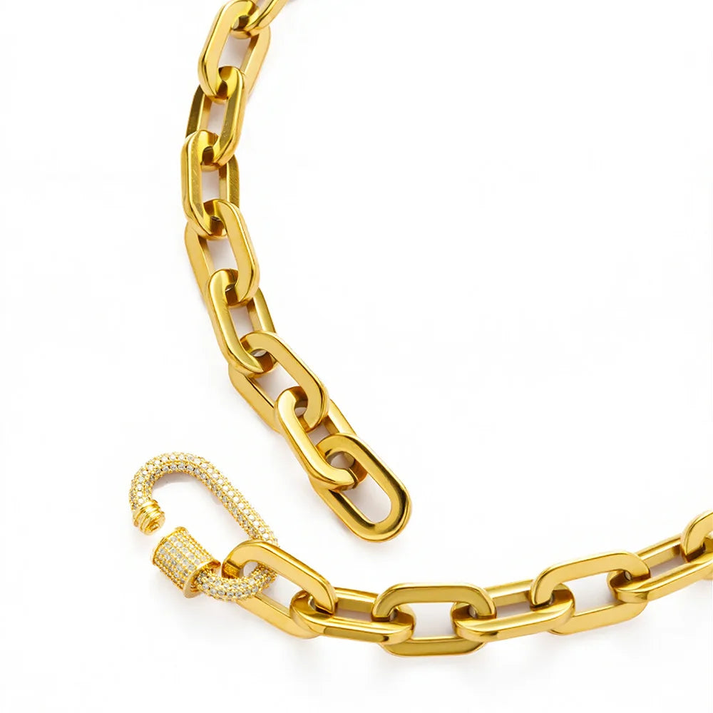 YF5245 Wholesale High Polishing 18K Gold Plated Stainless Steel Chunky Paperclip Chain Zircon Carabiner Clasp Necklace for Women