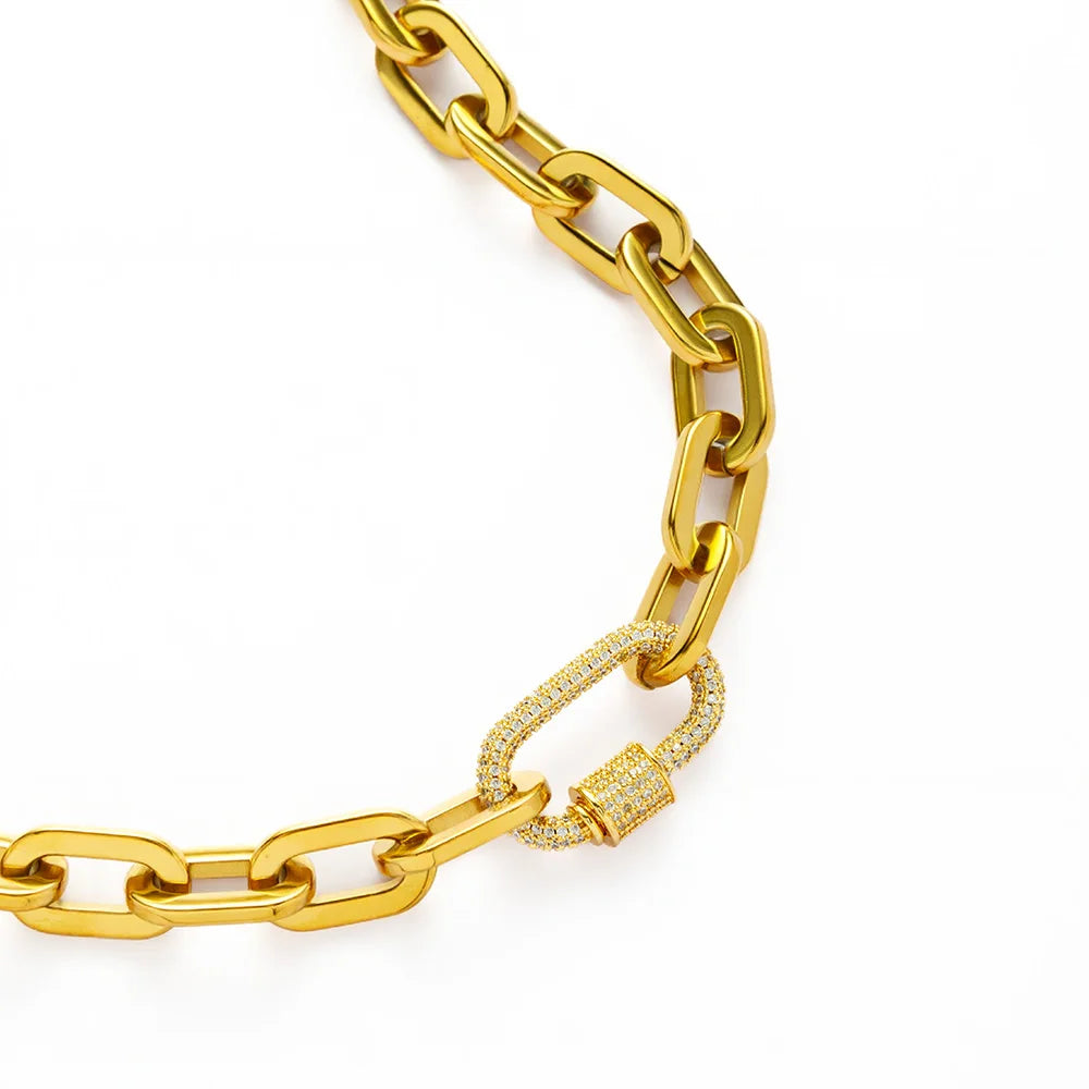 YF5245 Wholesale High Polishing 18K Gold Plated Stainless Steel Chunky Paperclip Chain Zircon Carabiner Clasp Necklace for Women