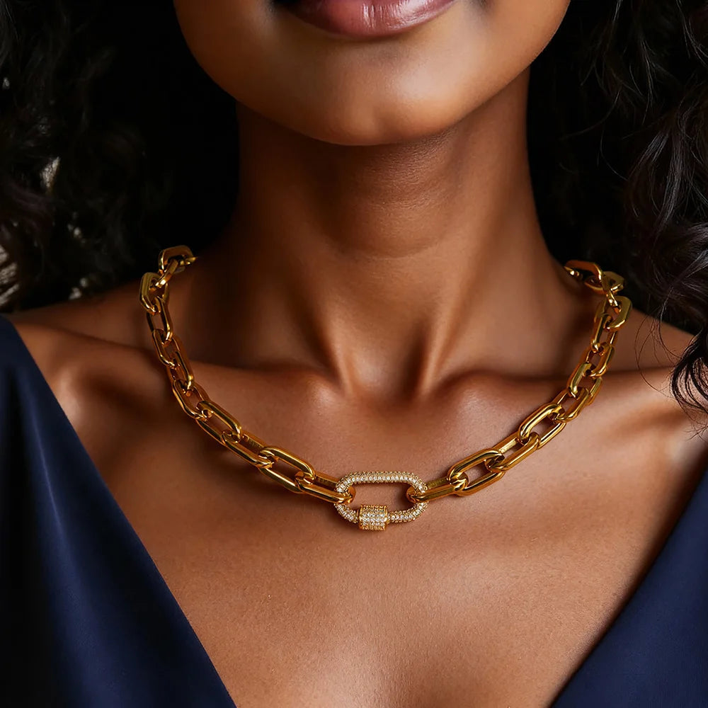 YF5245 Wholesale High Polishing 18K Gold Plated Stainless Steel Chunky Paperclip Chain Zircon Carabiner Clasp Necklace for Women
