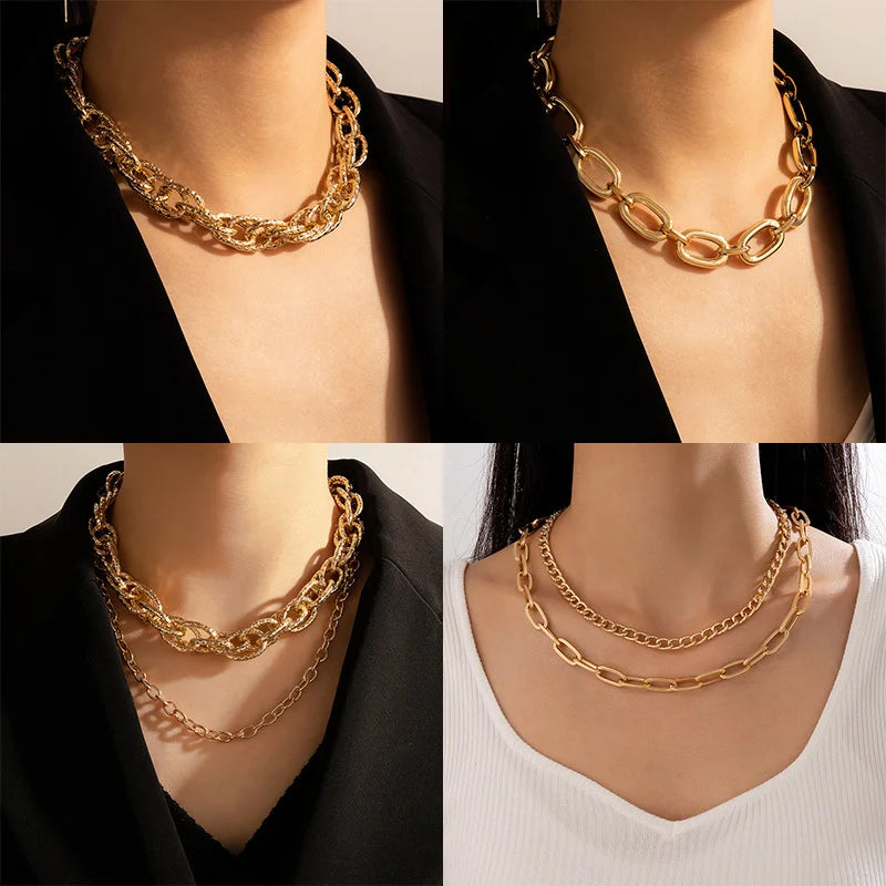 Streetwear Style Layered Chain Necklace Set Women's Chunky Link Choker Necklaces Trendy Party Accessories Non-allergic
