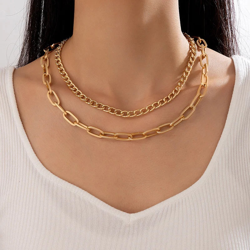 Streetwear Style Layered Chain Necklace Set Women's Chunky Link Choker Necklaces Trendy Party Accessories Non-allergic